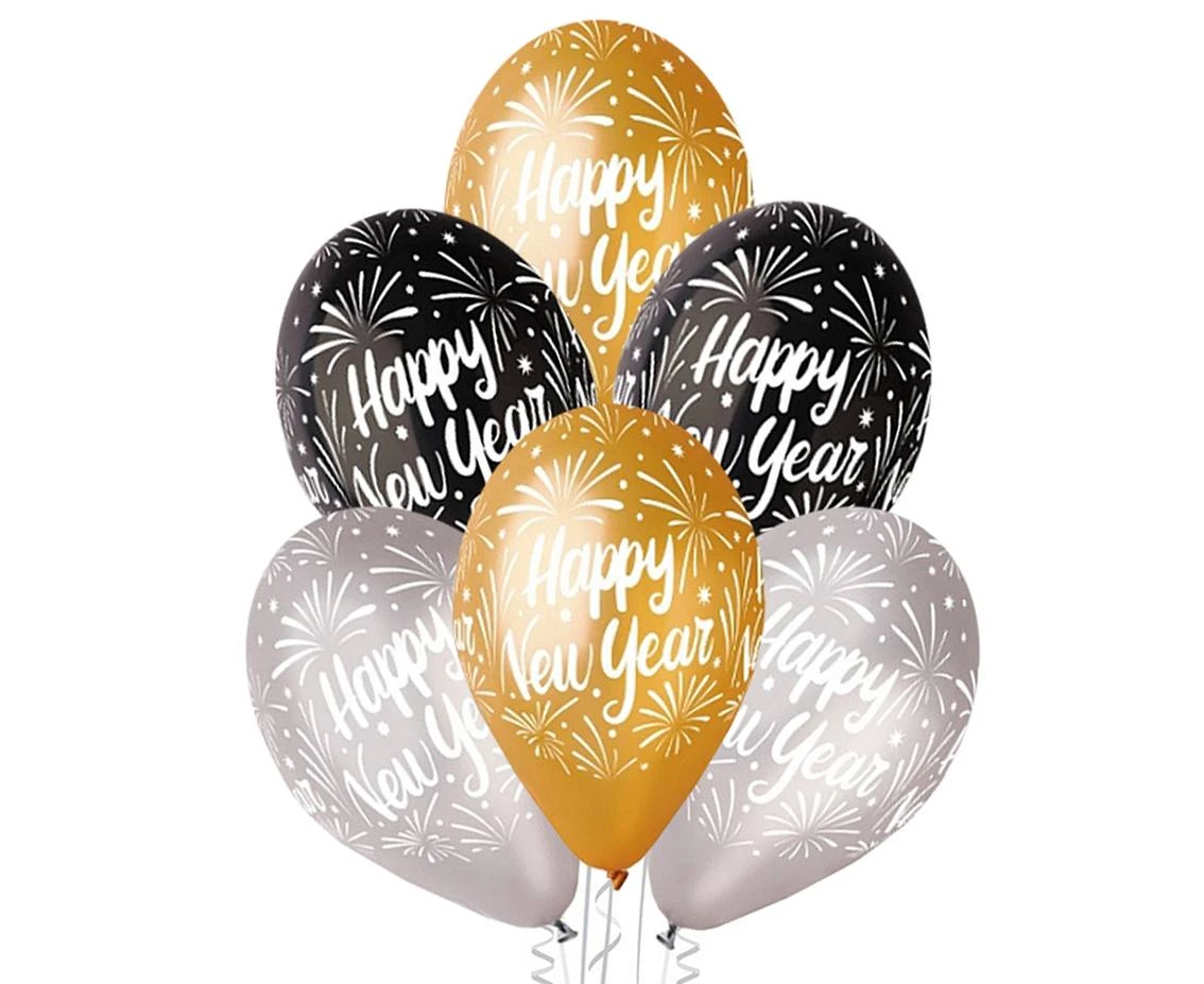 Balloons Gemar 12", pastel premium "happy new year", gold, silver and black, 6pcs